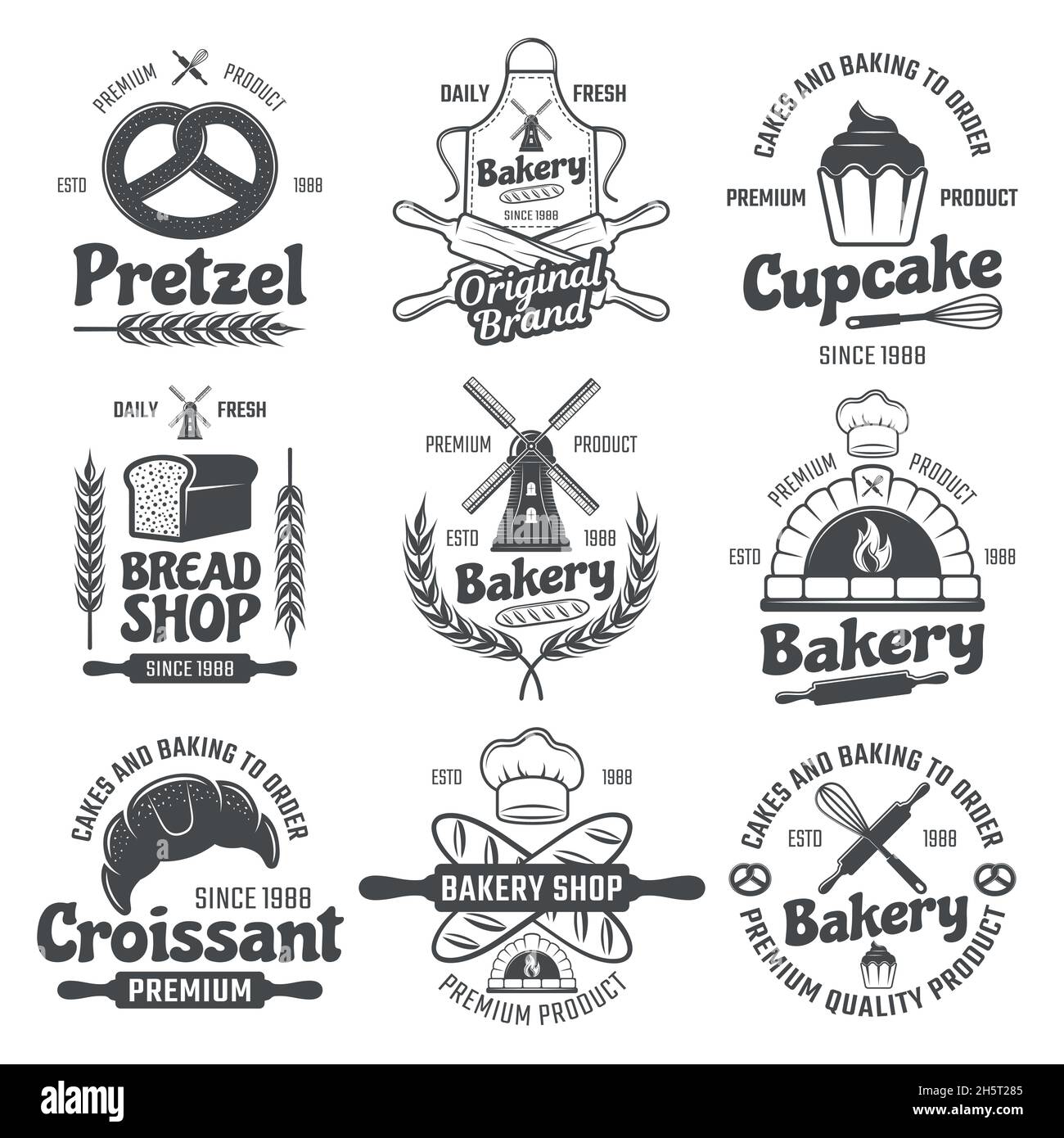 Bäckerei schwarz weiß Embleme mit Mühle und Weizenbrot und Gebäck kulinarische Werkzeuge isoliert Vektor-Illustration Stock Vektor