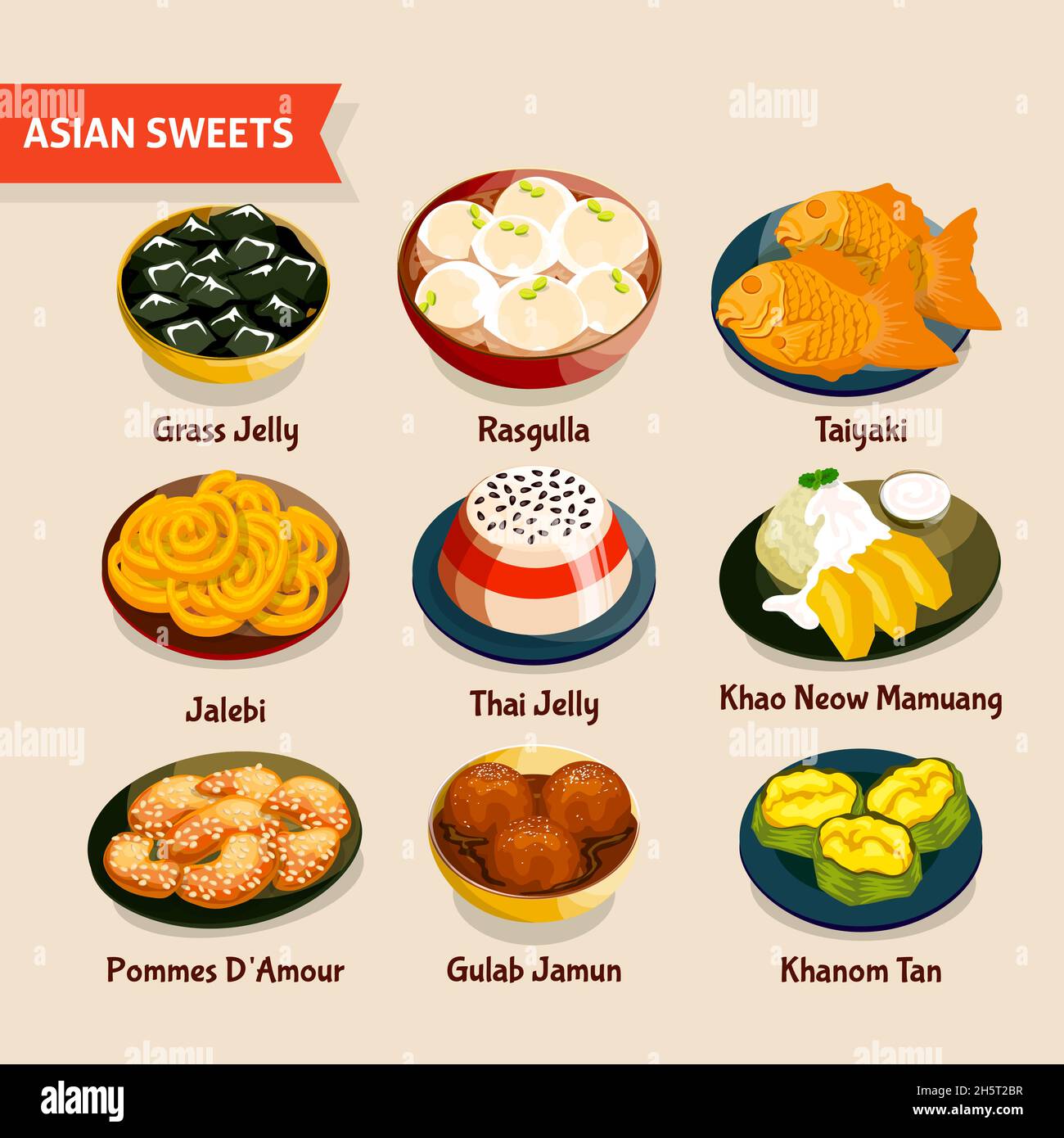 Asiatische Süßigkeiten Set mit traditionellen Desserts der chinesischen thai indisch japanische Küche isoliert Vektor-Illustration Stock Vektor