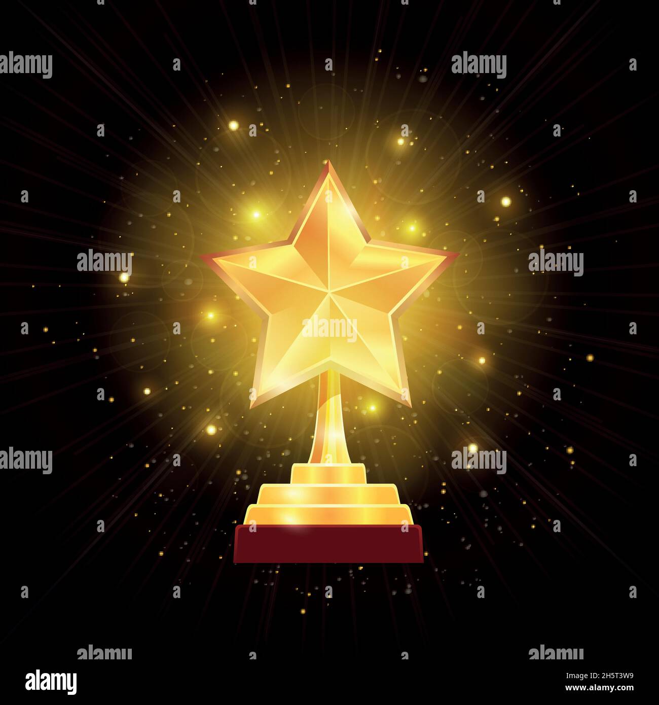Gewinner glühenden Gold Star Trophäe mit dunstig Heiligenschein Lichter auf schwarzem Hintergrund realistische Vektordarstellung Stock Vektor