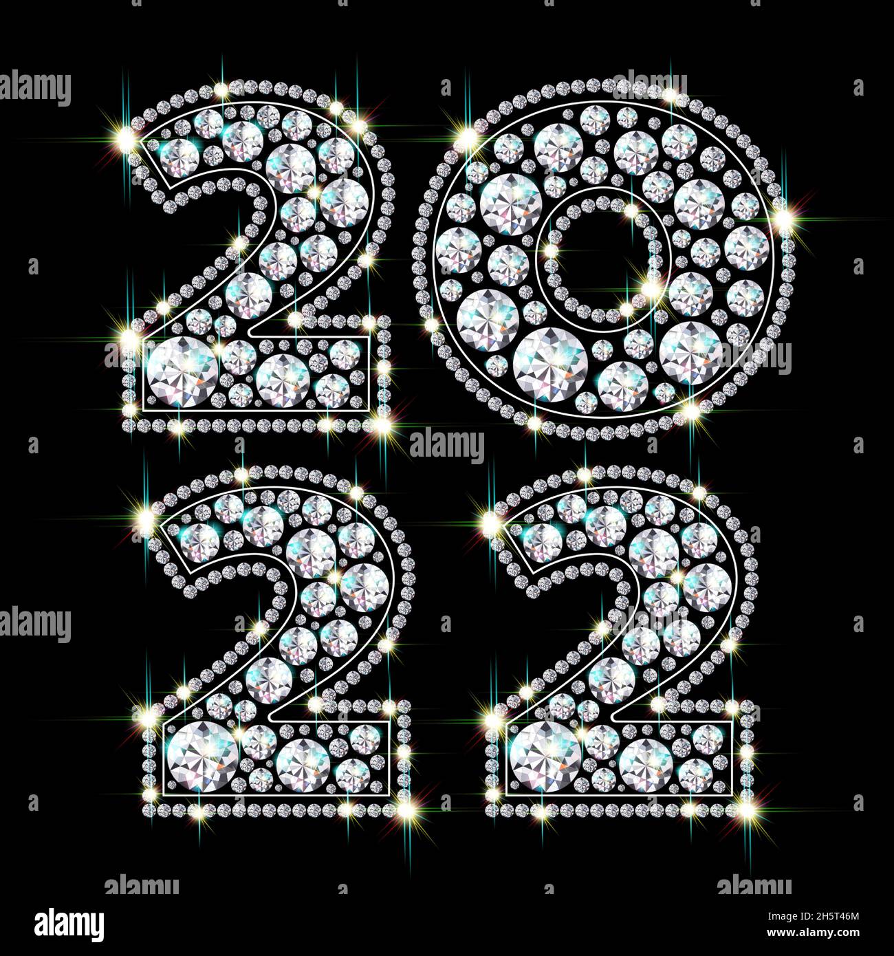 Zahlen 2022 Neujahr und Weihnachten. Aus funkelnden, luxuriösen Edelsteinen - Diamanten. In einem Quadrat platziert. Realistischer Style. Auf schwarzem Hintergrund. Stock Vektor