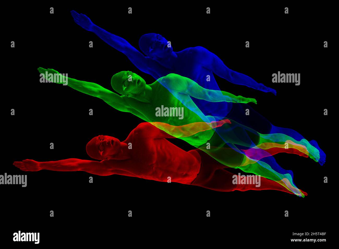 Helle Kunstwerke. Profi-Schwimmer in Aktion isoliert auf dunklem Studiohintergrund mit Duoton-Glitch-Effekt. Stockfoto