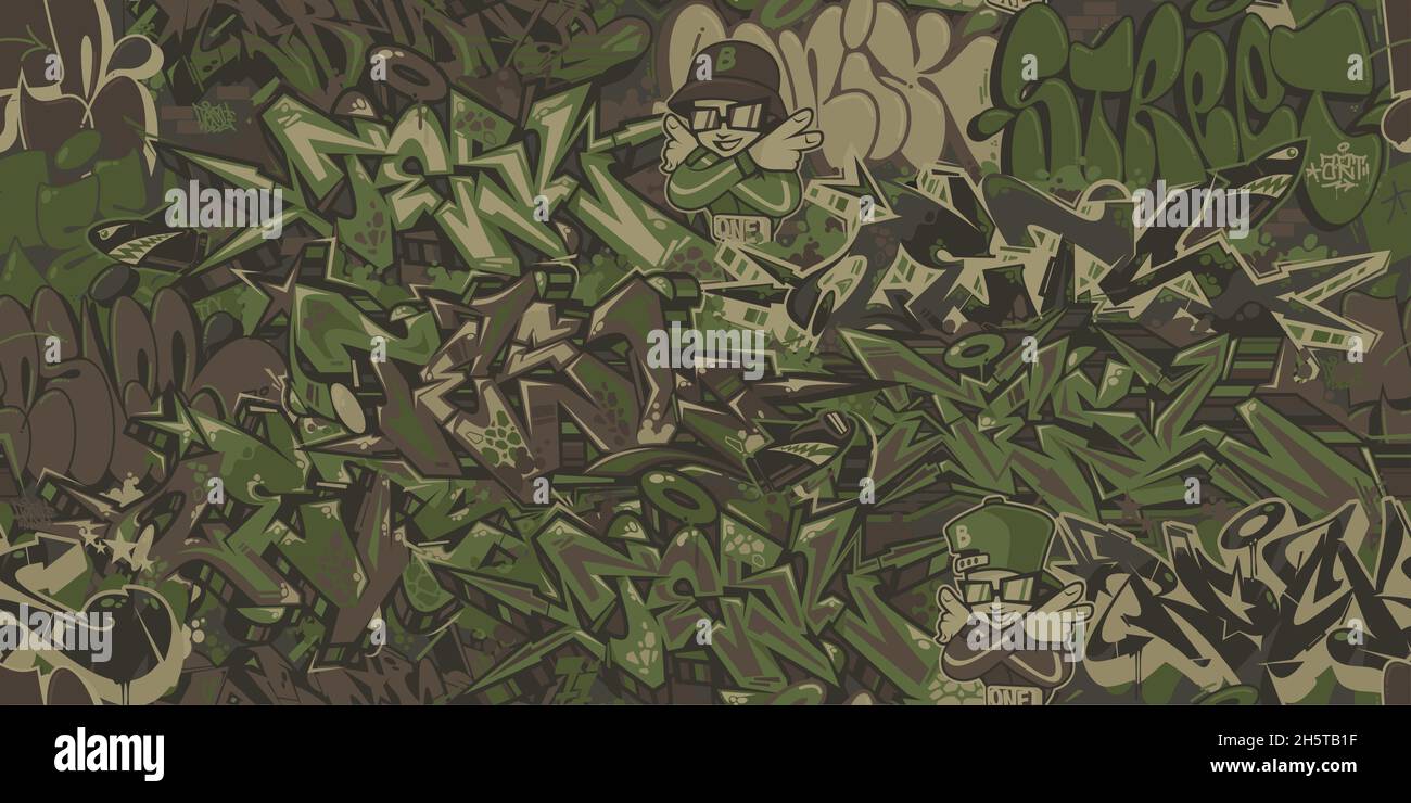 Nahtlose Militärische Abstrakte Khaki Textur Camouflage Mit Graffiti Streetart Muster Hintergrund Vektor Illustration Kunst Stock Vektor