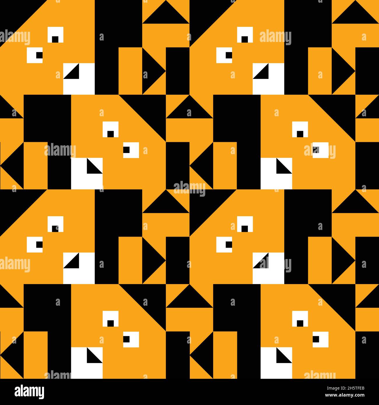 Nahtloses Vektor-Muster mit quadratischem Fuchskopf auf schwarzem Hintergrund. Einfaches geometrisches Tiertapeten-Design für Kinder. Dekorative Mode Textil. Stock Vektor