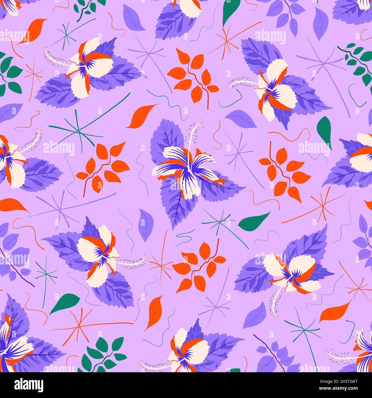 Botanisches Laub über dem abstrakten Hibiscus rosa sinensis-Muster. Symmetrische Vektor Grafik Design Artwork für Vorhänge, Servietten, Hankie, Handtuch, Wandbespannung etc. Stock Vektor