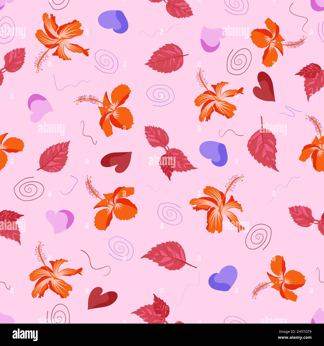 Voll florierende grafische Oberflächenmuster von Hibiscus rosa sinensis aka Schuhblackpflanze. Lebendiger und strahlender dunkler Hintergrund, der nahtlose Kunst wiederholt. Am besten für Polster und textile Stoffe geeignet. Stock Vektor