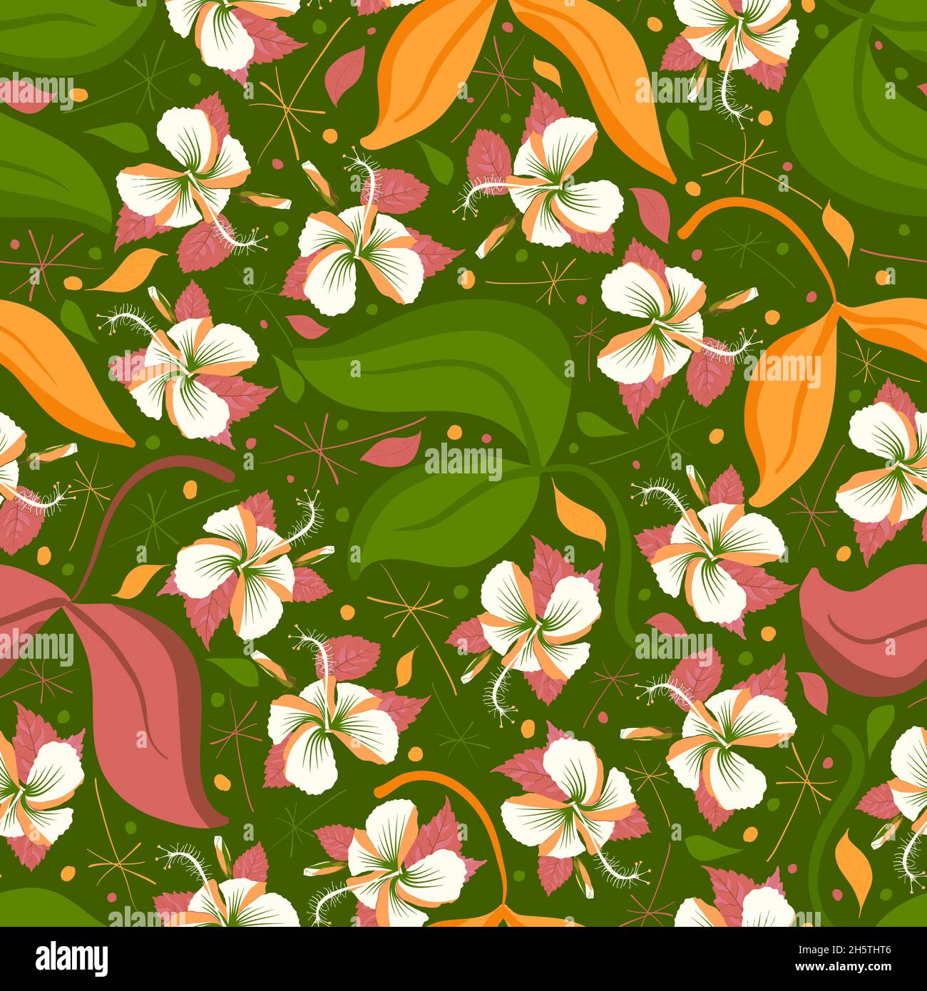 Wiederholtes grafisches Mustermuster aus blumigen Designelementen. Polynesische Hibiskus-Schwarzpflanze blüht durchgehend. Erstellen und drucken Sie Dekorpolsterung, Hochzeitskarten, Verpackung, Wand. Stock Vektor