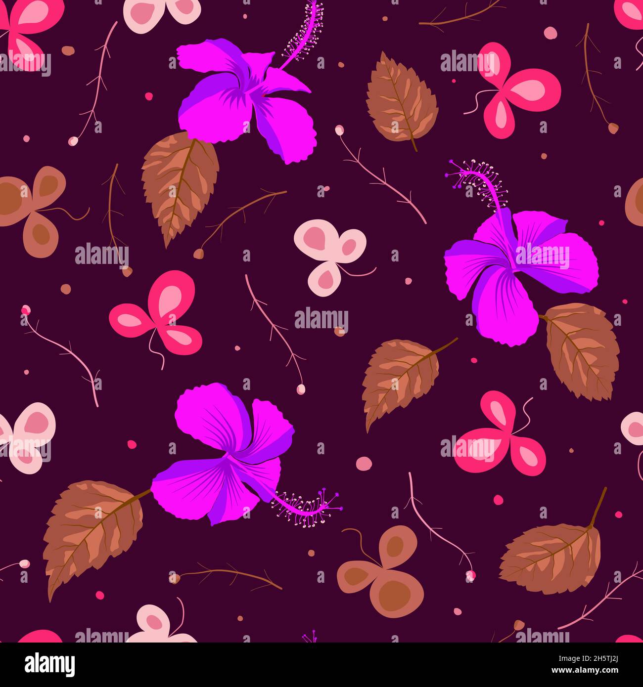 Maledivische, tahitische Blume Hibiscus shoebblackplant ornamentales Mustermuster. Repetitives Oberflächenmuster für Kleidungsstücke in voller Tropfenform, Textildesign, Wandteppiche und anderen Papierdruck. Stock Vektor