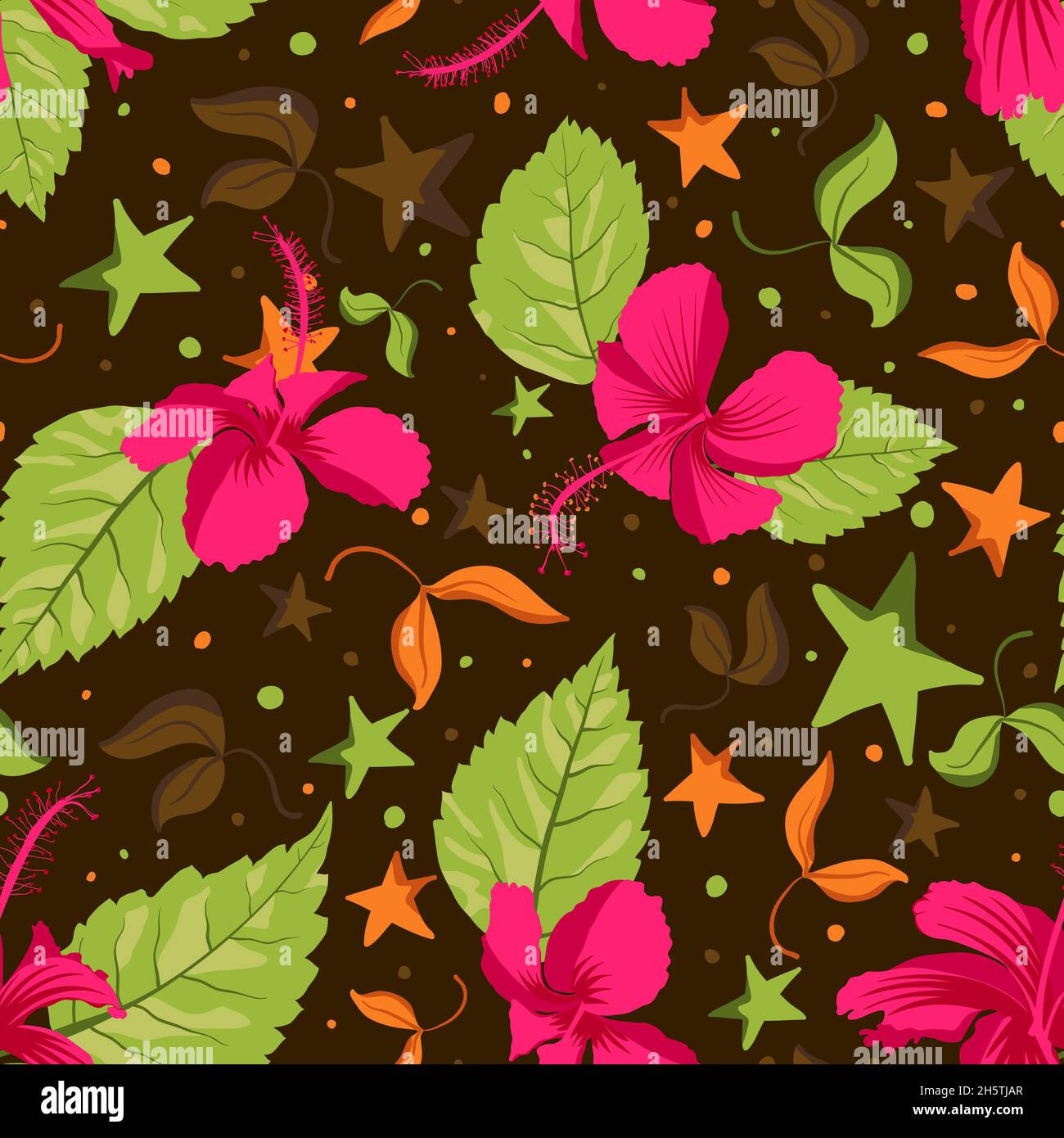 Dekorativer hawaiianischer Hibiscus rosa sinensis tropisch blumiger Hintergrund. Sich wiederholendes freudiges erfrischendes Design für Stofftropfen, Schürze, Wandteppiche, Arbeitsplatten, Wohnkultur, Gartenmöbel. Stock Vektor