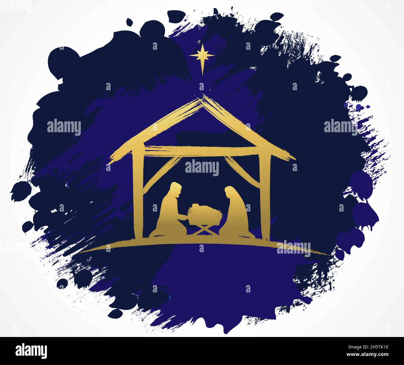 Weihnachtsszene des Jesuskindes in der Krippe mit goldener Silhouette Maria und Josef und Bethlehem-Stern. Christliche Geburt Grußkarte, Geburt Christus Stock Vektor