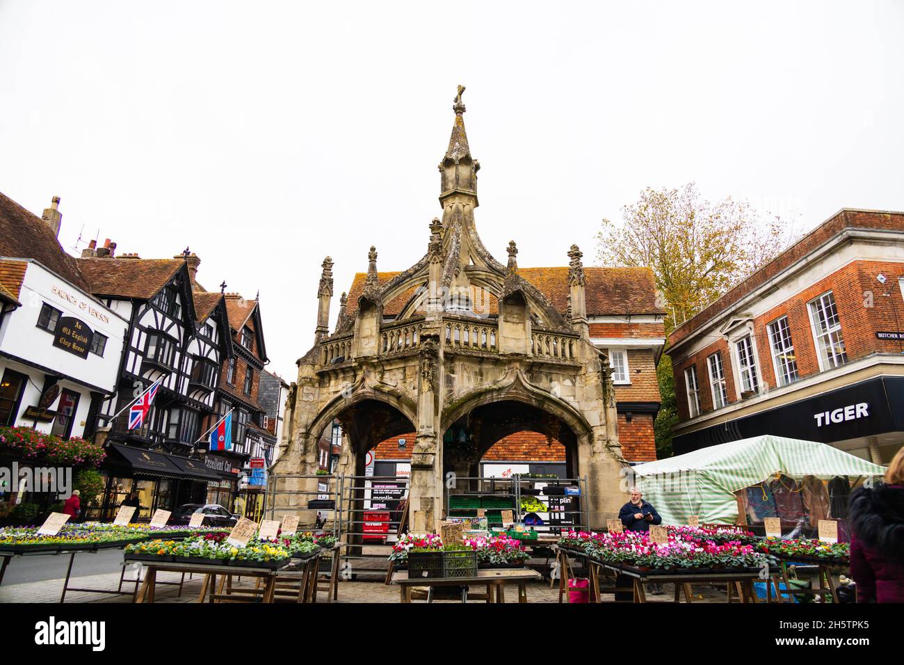 Blumenstand am alten Geflügelkreuz, Market Cross, Salisbury, Wiltshire, England Stockfoto