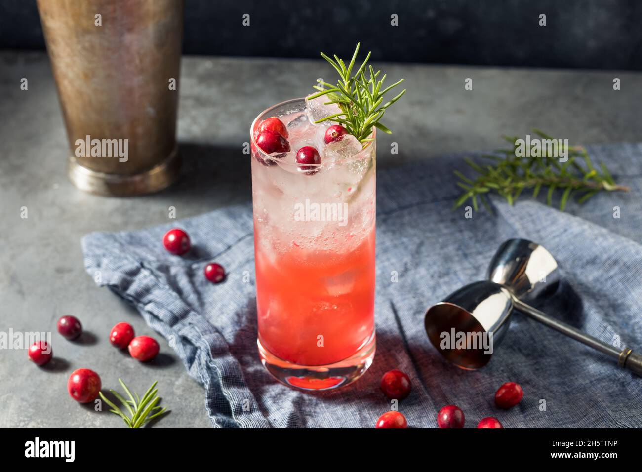 Boozy Holiday Cranberry Gin Fizz Cocktail zu Weihnachten Stockfoto