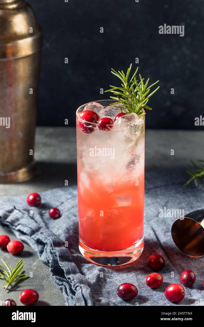 Boozy Holiday Cranberry Gin Fizz Cocktail zu Weihnachten Stockfoto