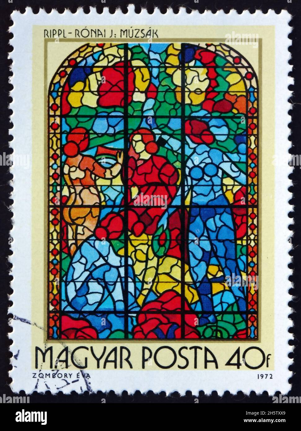 UNGARN - UM 1972: Eine in Ungarn gedruckte Briefmarke zeigt Musen, Buntglasfenster von Jozsef Rippl-Ronai, ungarischer Maler, um 1972 Stockfoto