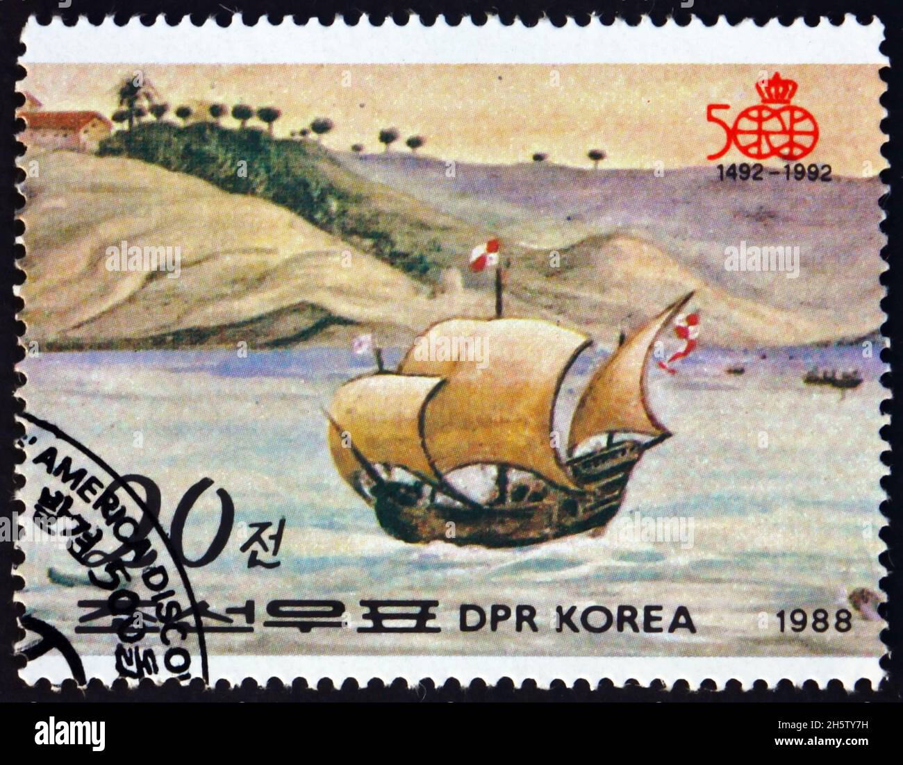 NORDKOREA - UM 1988: Eine in Nordkorea gedruckte Marke zeigt Pinta, Kolumbus Entdeckung Amerikas, 500. Jahrestag, um 1988 Stockfoto