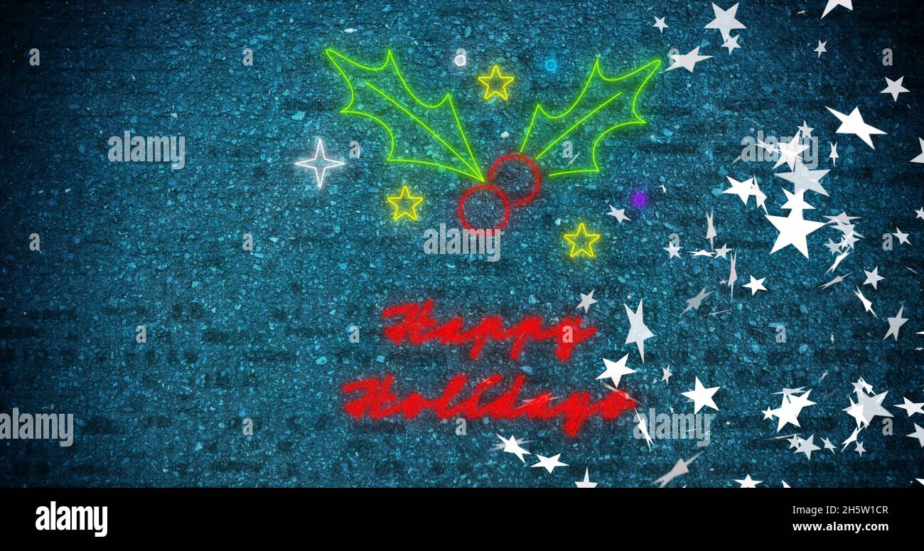 Bild von Neon Happy Holiday Text über fallenden Sternen Stockfoto