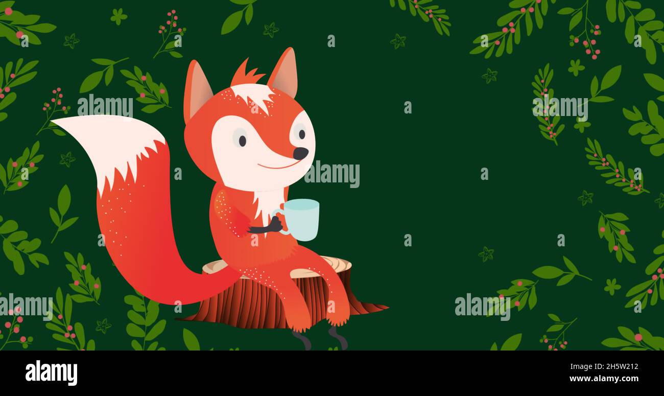 Bild von Fuchs mit Tasse zu weihnachten über Blättern Stockfoto