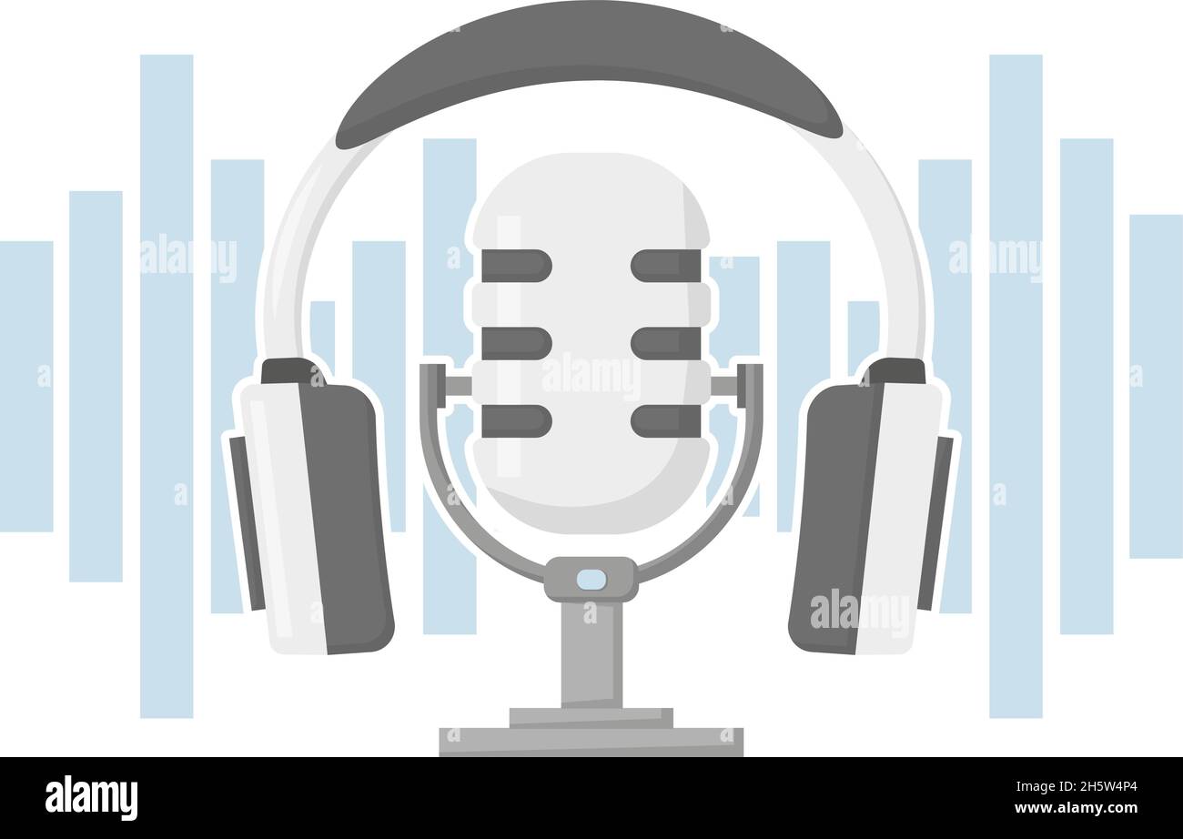 Podcast, Concept Kopfhörer mit Mikrofon in flacher Ausführung Stock Vektor