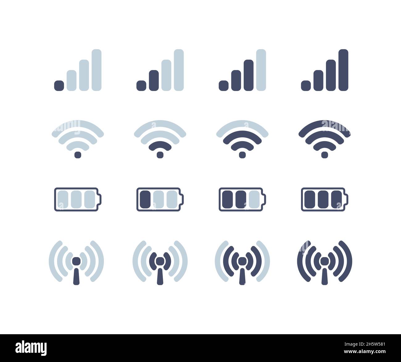 Symbole für mobile Kommunikation, Internet und Akku, flach Stock Vektor