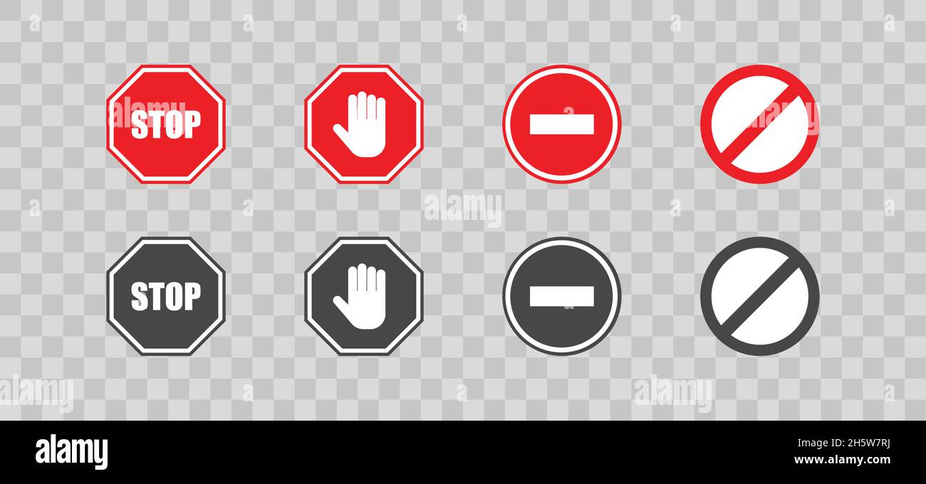 Stoppschild in flacher Form auf transparentem Hintergrund. Einstellen des roten und schwarzen Vektorsymbols für die Warnung. Hend, Stop und Ban in der Wohnung Stock Vektor