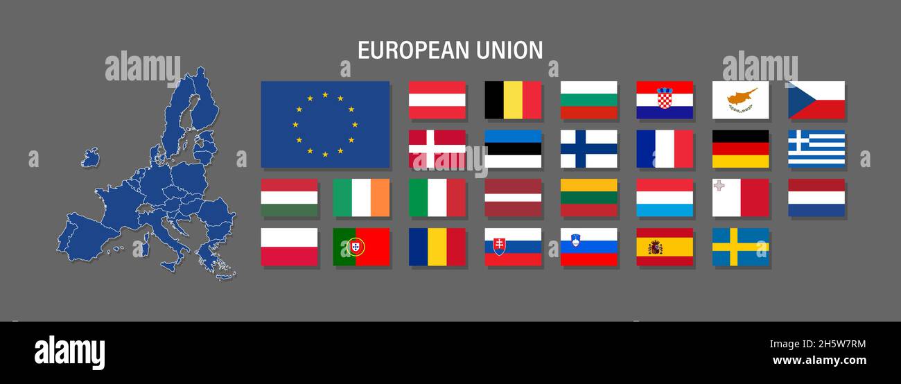 Symbol für Karte und Flaggenvektor der Europäischen Union. Politische und wirtschaftliche Zeichen und Symbole. Länder für Infografiken und Medien Stock Vektor