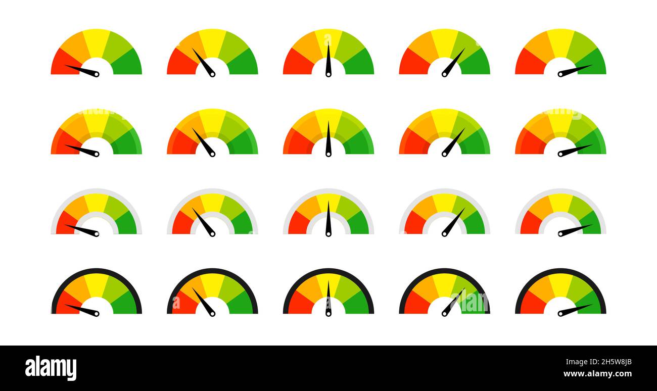 Feedback-Meter-Vektor in flacher Ausführung eingestellt. Farbsymbol für Geschwindigkeitsmesser. Abbildung zur Leistungsmessung für Web Stock Vektor