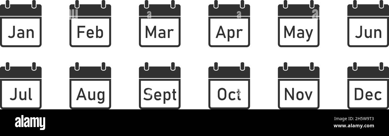 Symbol für den Monatskalender auf weißem Hintergrund eingestellt. Flache Vektorgrafik Stock Vektor