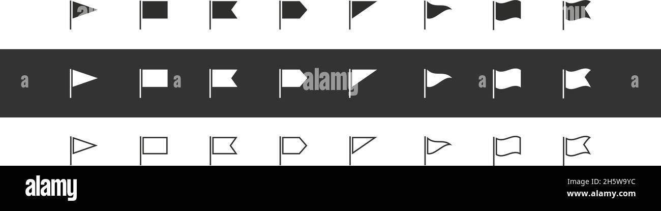 Flag Set-Symbole auf weißem und schwarzem Hintergrund. Kartenzeiger. Isolierte Vektordarstellung Stock Vektor