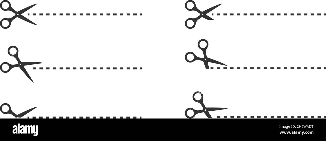 Schere Schnitt Linie Set schwarzes Symbol auf weißem Hintergrund. Vektor-isolierte Illustration Stock Vektor