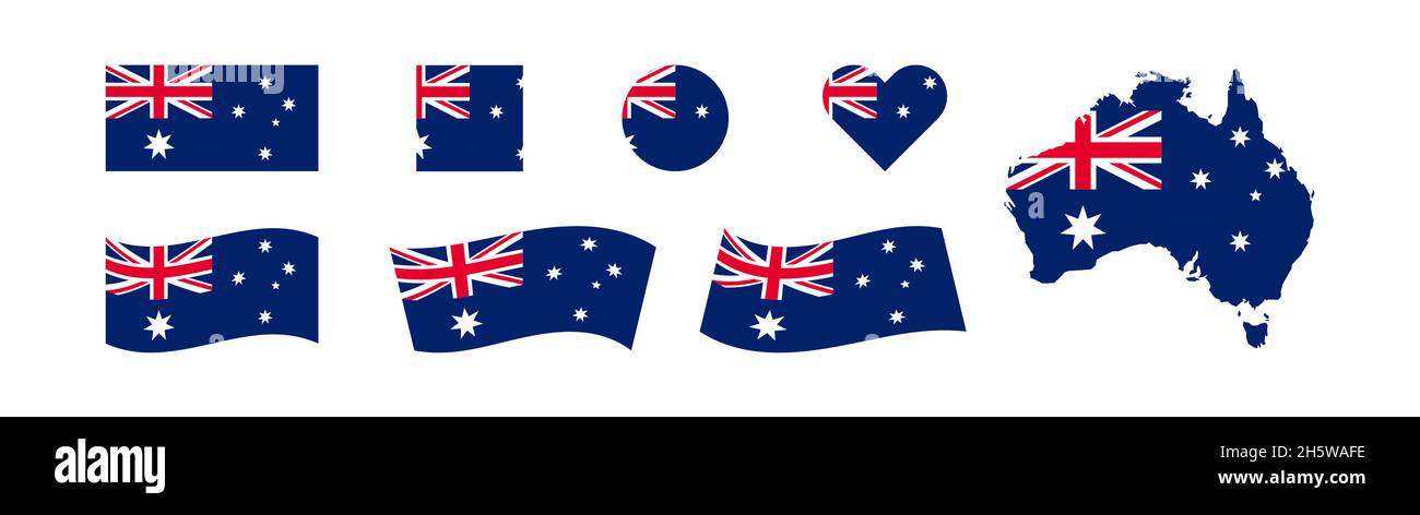 Australien Set von Flaggen und Karte. Symbol für ein isoliertes Land. Vektorgrafik für Banner-Design. Stock Vektor