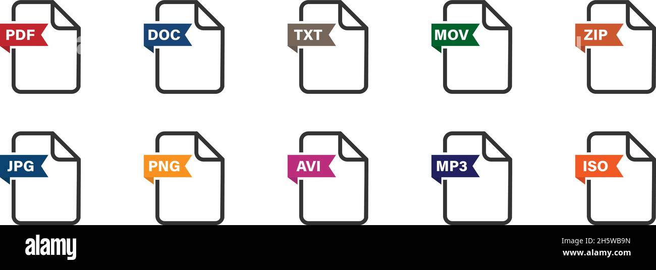 Flaches Symbol für die Dateierweiterung. Format des Sammeldokuments. Symbole für Vektorschaltflächen Stock Vektor