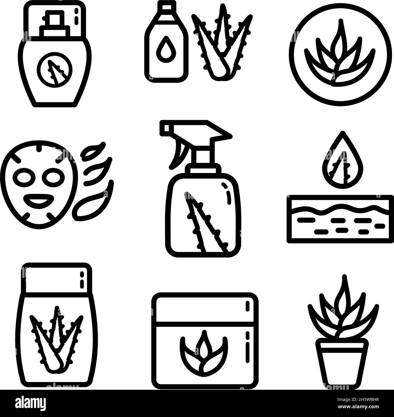 Aloe Vera umreißen Symbole gesetzt. Sukulente, tropische Pflanzen Vektor-Illustrationen, dünne Zeichen für Bio-Lebensmittel, Kosmetik. Isoliert auf weißem Hintergrund. Stock Vektor