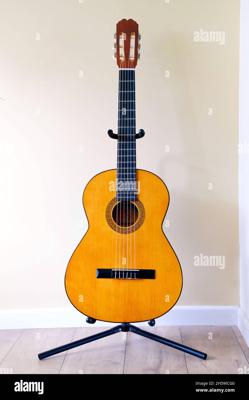 Eine klassische 6-saitige, klassische spanische oder klassische Gitarre aus Nylon. Die Gitarre wird auf einer eigenen Ruhephase in einem Gitarrenständer gezeigt Stockfoto