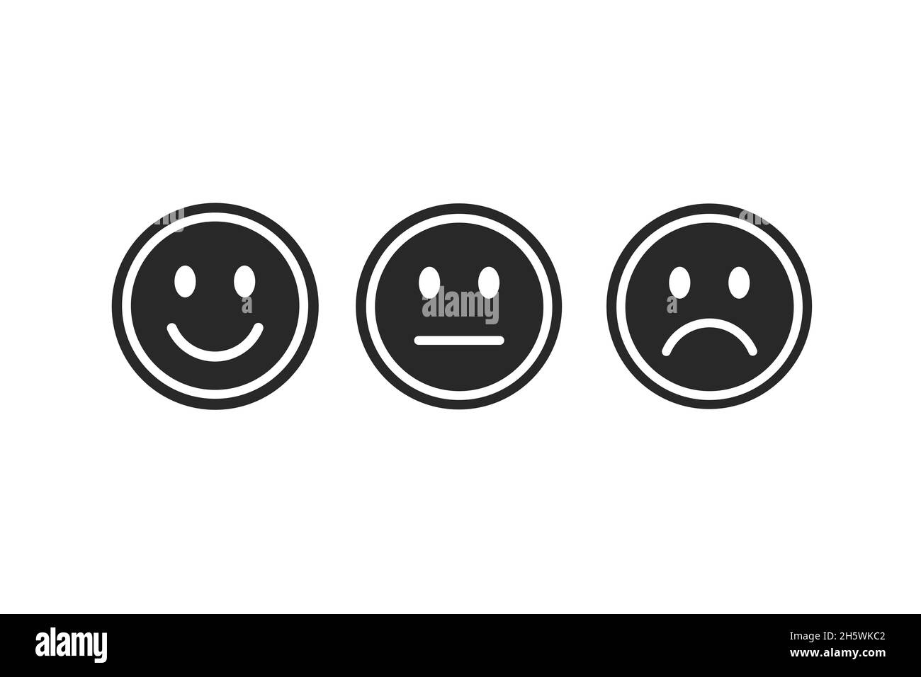 Modernes Emoji-Lächeln. Glücklich, neutral und traurig unglücklich. Emoticon setzte Ikonen, glücklich, neutral, unglücklich traurig Stockfoto