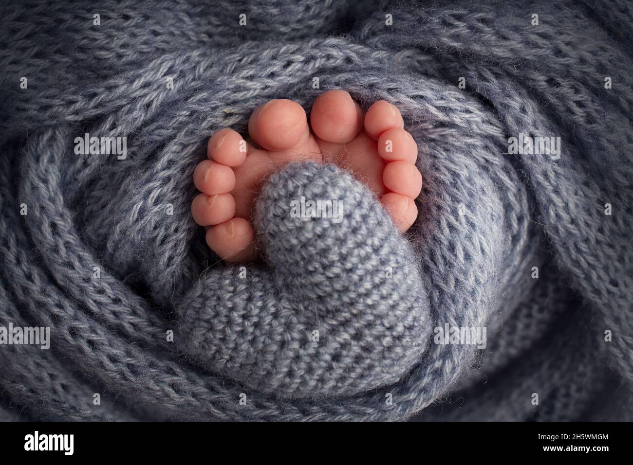 Beine, Zehen, Füße und Fersen eines Neugeborenen. Eingewickelt in eine graue Strickdecke. Gestricktes Herz in den Beinen des Babys. Stockfoto