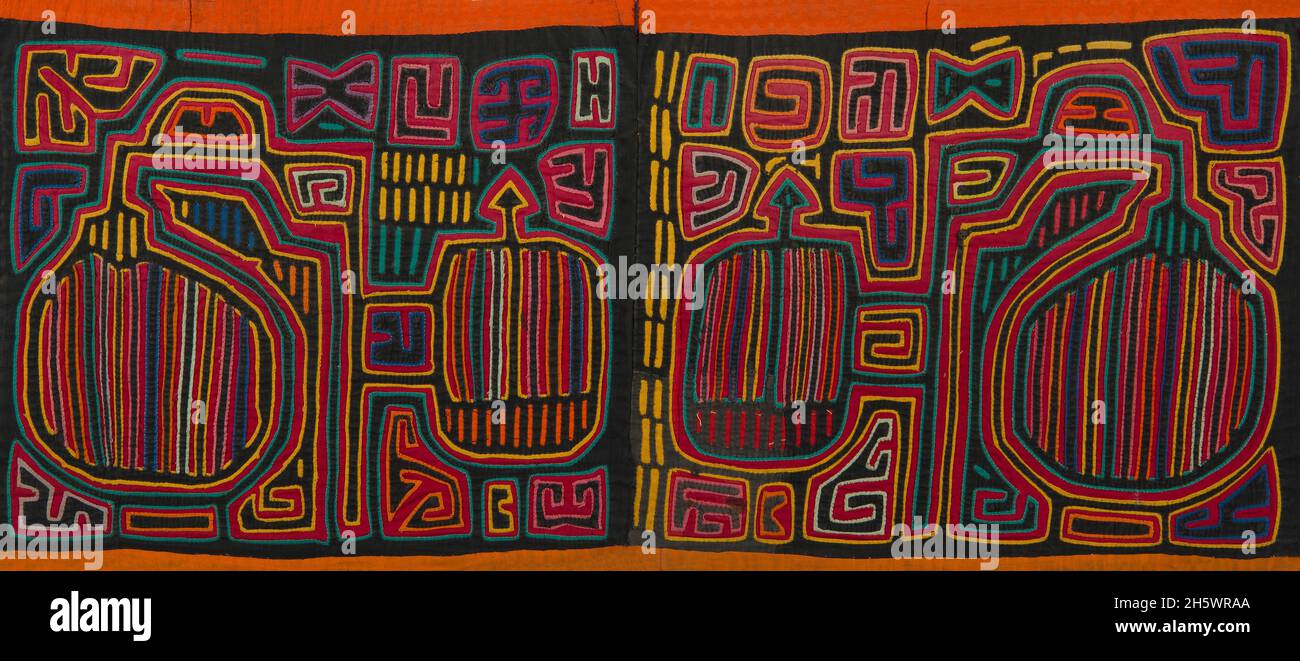 Applizierte Dekoration auf Blusen (Molas's) der Kuna-Indianer, San Blas-Inseln, Panama. Geometrische Muster Stockfoto