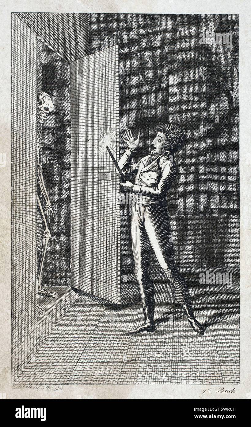 Historische Liniengrafik aus dem Jahr 1799 eines Mannes mit einer Kerze, die von einem Skelett an der Tür aufgeschreckt wurde, von Georg Christian Schule (1764-1816), Einer digital optimierten / erweiterten Version eines historischen Drucks. Stockfoto