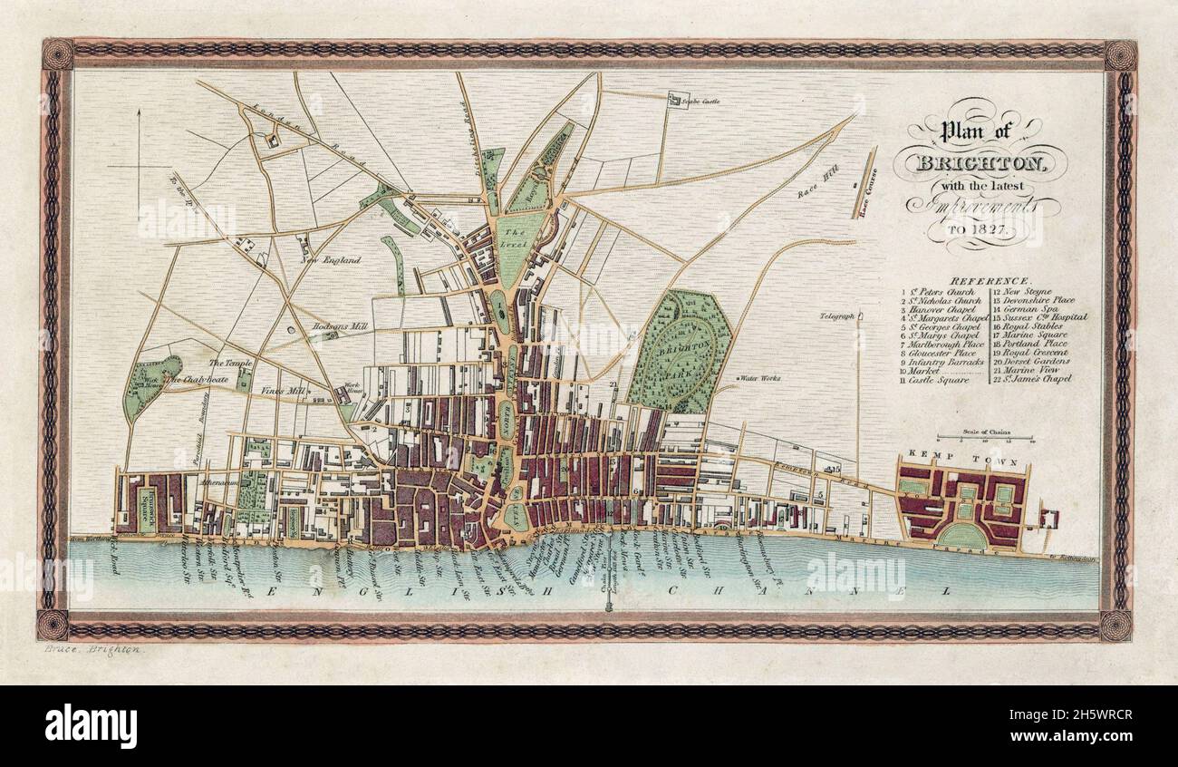 Karte von Brighton und angrenzenden Teilen von Hove. Historische Strassenkarte, Brighton, England, Vereinigtes Königreich. „PLAN VON BRIGHTON MIT DEN NEUESTEN VERBESSERUNGEN FÜR 1827“ Stockfoto