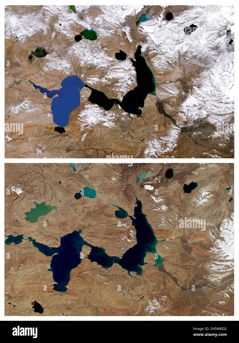 Klimawandel: Schrumpfende Gletscher und wachsende Seen. Diese Bilder von Seen westlich des Tanggula-Gebirges, einem kleinen Bereich im zentralen Teil des tibetischen Hochplateaus, bieten einen Blick auf Veränderungen, die zum Teil durch den Rückzug der Gletscher verursacht wurden. Das erste Bild wurde im Oktober 1987 aufgenommen, das zweite Bild zeigt das gleiche Gebiet im Oktober 2021. Die beiden größten Seen - Chibzhang Co und Dorsoidong Co, sind größer geworden, da die Berggletscher geschrumpft sind. Die Vorderkante der Gletscher hat sich deutlich zurückgezogen. Eine hochauflösende und verbesserte Zusammenstellung von ursprünglichen Landsat5- und Landsat8-Bildern. Kredit NASA Stockfoto