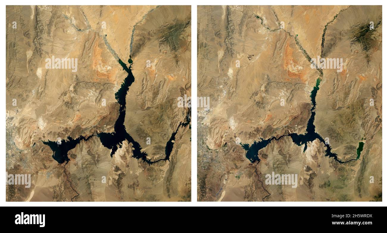 Klimawandel: Das Schrumpfen des Lake Mead, Colorado, USA - August 2000 im Vergleich zum August 2021. Lake Mead ist das größte Reservoir in den USA und Teil eines Systems, das über 40 Millionen Menschen in sieben Bundesstaaten sowie im Norden Mexikos mit Wasser versorgt. Ab August 2021 wurde der See nur noch zu 35 % gefüllt. Der niedrige Wasserstand kommt zu einer Zeit, in der 95 % des Landes in neun westlichen US-Bundesstaaten von der Fortsetzung eines Megadrought betroffen sind, das die schlimmste Trockenheit der Region seit 1200 Jahren sein könnte. Eine hochauflösende, verbesserte Kombination aus Original-Landsat7- und Landsat8-Bildern. Kredit NASA Stockfoto