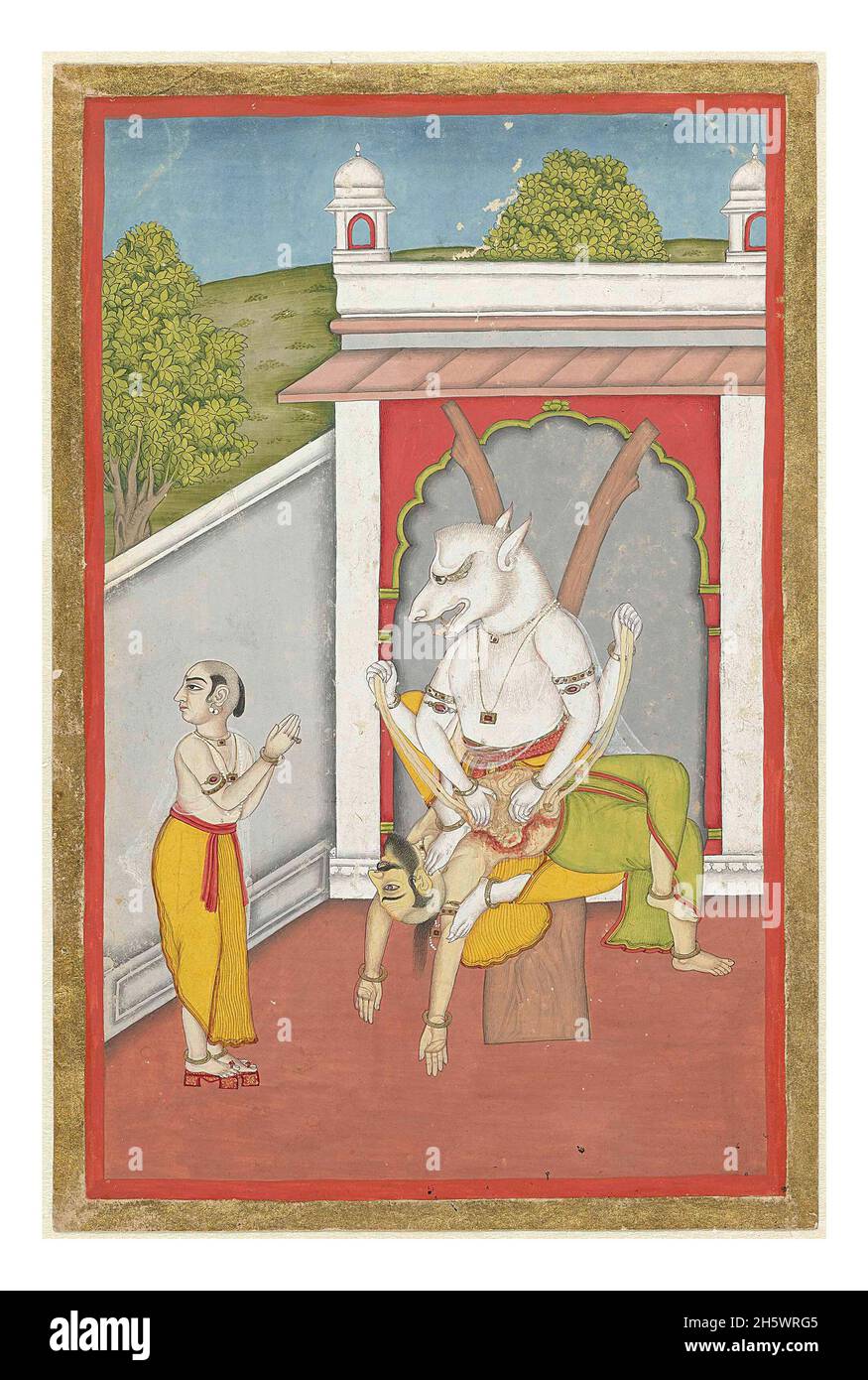 Narasimha, die Mann-Löwe-Inkarnation von Vishnu. Am Eingang eines Palastes sitzt Vishnu in seiner Inkarnation (Avatara) als ein Mann-Löwe mit einem Mann über seinem Schoß, dessen Eingeweide er geöffnet hat; vor ihm ein ehrfürchtiger Mann (der Prinz Prahlada) mit gefalteten Händen. Um die Szene herum ein enger orange- und ein enger goldener Rand. Eine digital optimierte/verbesserte Version eines historischen Bildes. Stockfoto