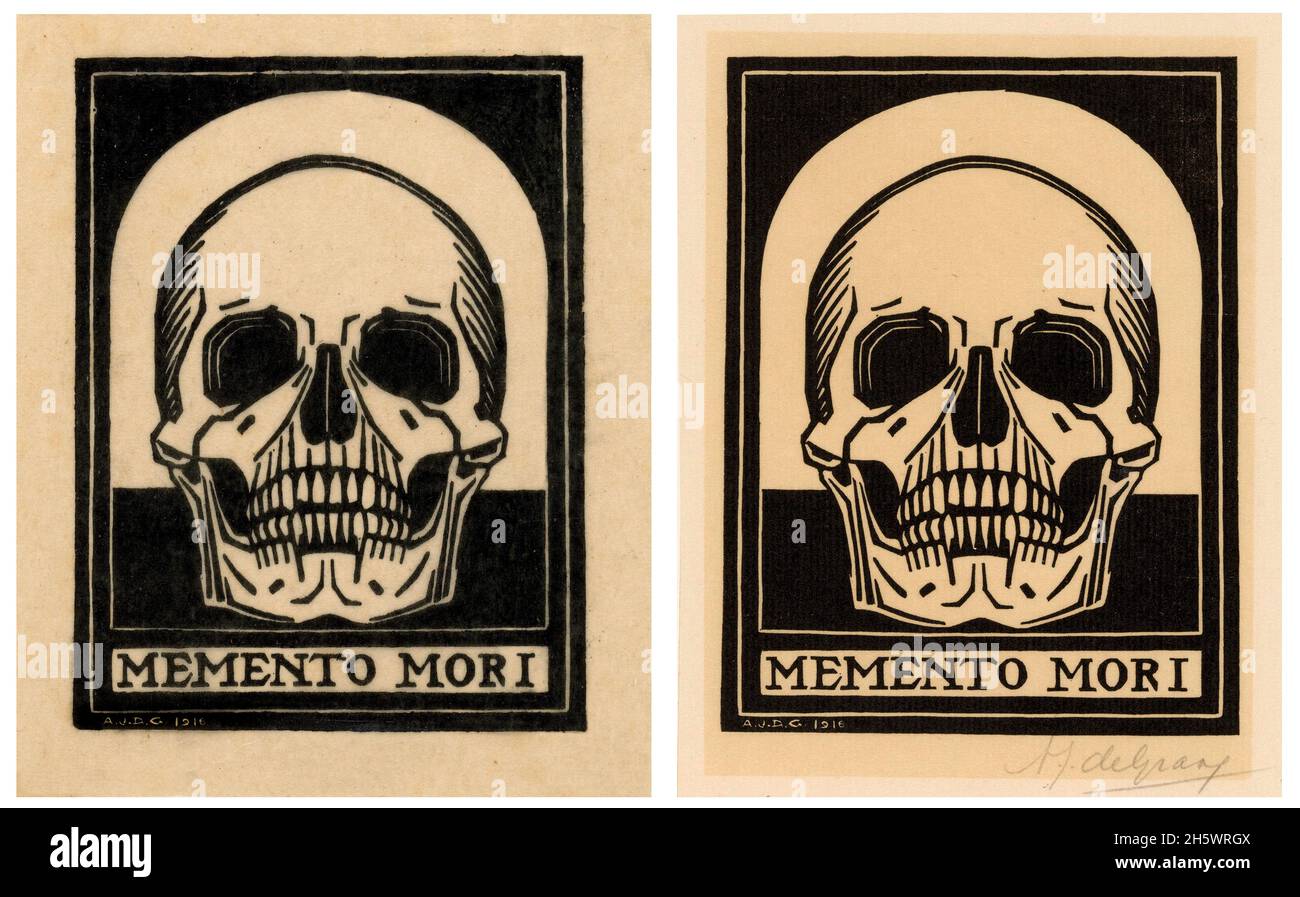 Memento Mori.Ein menschlicher Schädel. Ein zusammengesetztes Bild mit 2 verschiedenen Drucken dieses Werks von Julie de graag, 1916 Anna Julie de graag wurde 1877 in den westlichen Niederlanden geboren und war eine niederländische Designerin, Illustratorin und Malerin. Die Künstlerin arbeitete bis in die frühen 1920er Jahre, als sie sich im Alter von 46 Jahren wegen einer psychischen Erkrankung das Leben nahm. De graags Kunstwerke zeichnen sich durch stilisierte Designs mit markanten Linien aus. Ein digital optimierter Verbund aus 2 historischen Drucken Stockfoto