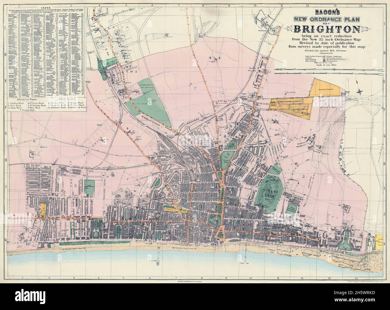 Karte von Brighton und angrenzenden Teilen von Hove. Historische Strassenkarte, Brighton, England, Vereinigtes Königreich. BACON'S NEUER KAMPFPLAN VON BRIGHTON. GW. Bacon (geboren 1830 in den USA, gestorben 1922 in Großbritannien) war ein produktiver Buchverlag aus London, der Mitte des 19. Jahrhunderts bis Ende des 19. Jahrhunderts aktiv war. Bacon's Firm G.W. Bacon und Co. Produzierten eine Vielzahl von Karten und Führungen. Stockfoto