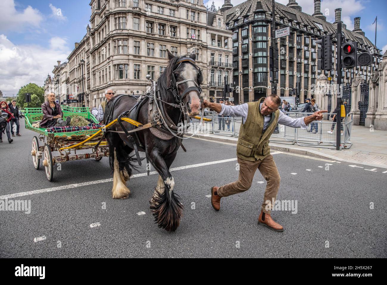 Roma-Zigeuner und irische Reisende kommen auf dem Parliament Square zusammen, um gegen ein Polizeigesetz zu protestieren, das ihre traditionelle Lebensweise bedroht. Stockfoto