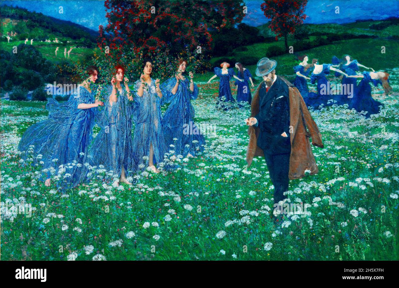 Maximilian Lenz Artwork - A World - 1899 - Ein passender Gentleman spaziert durch eine Blumenwiese inmitten blau getuschter Jungfrauen, einige von ihnen kreistanzend. Stockfoto