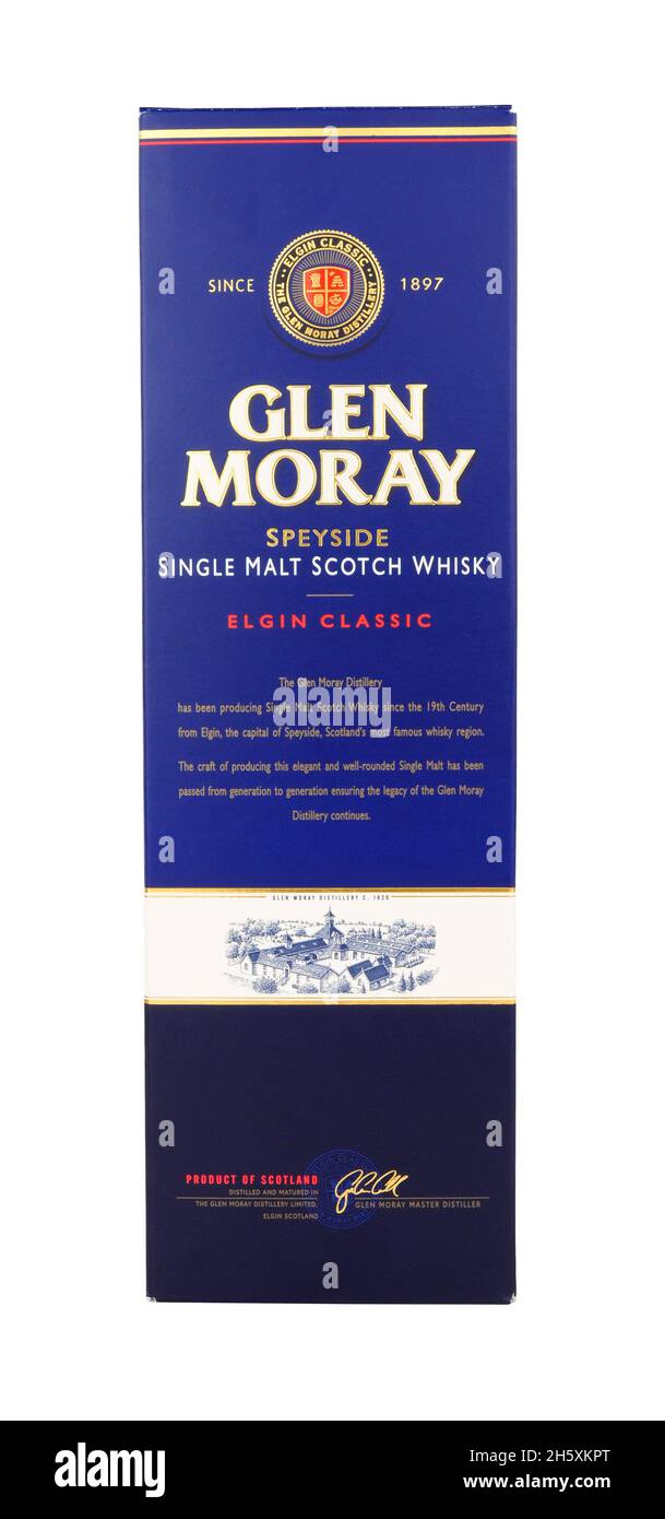 Glen Moray Single Malt Whisky klassischer äußerer Karton isoliert auf weißem Hintergrund Stockfoto