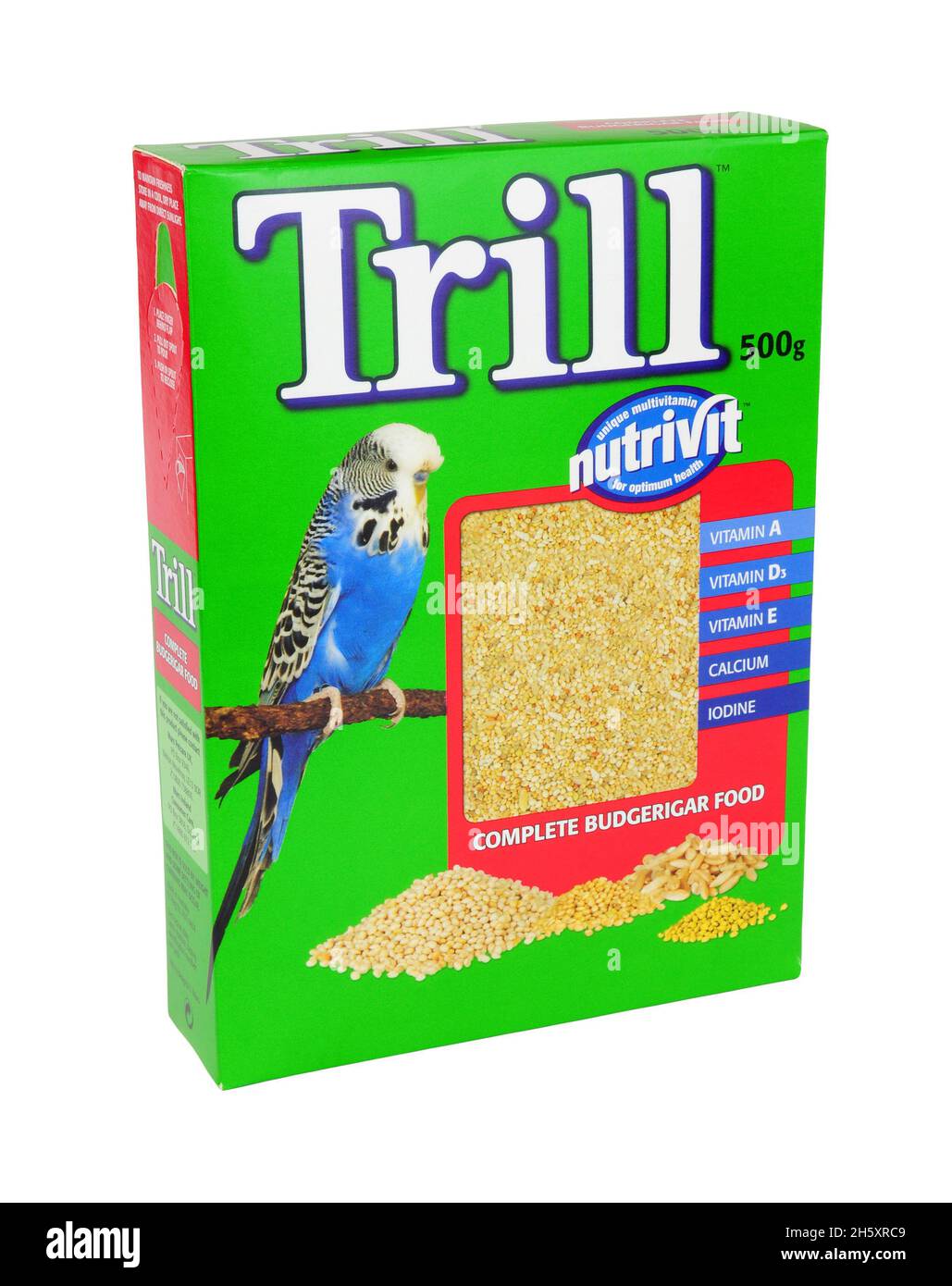 Box mit Trill Nutrivit komplette Wellensittichsaatkörner mit zusätzlichen Vitaminen Stockfoto