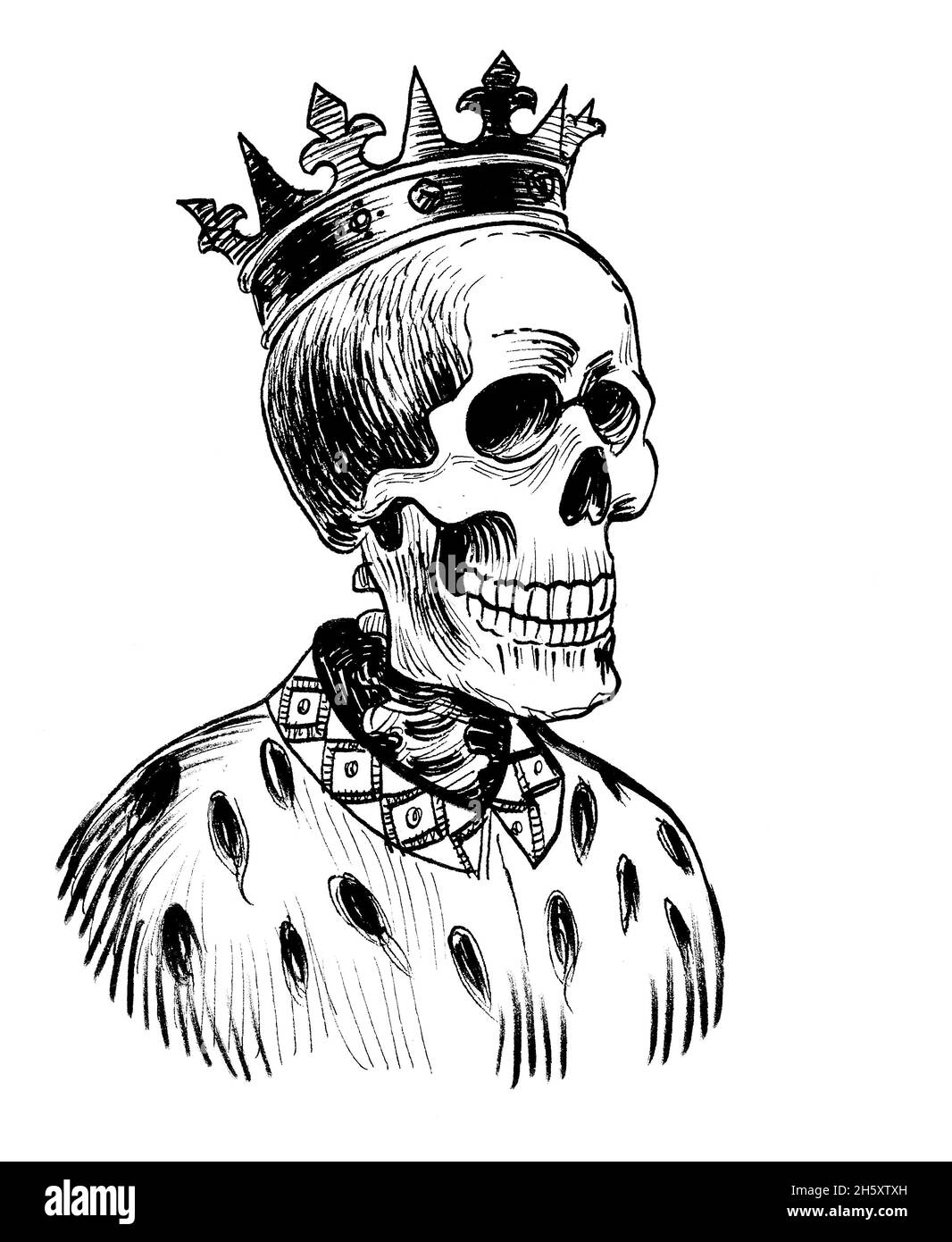 Menschliches Skelett in Königskrone. Tinte schwarz-weiße Zeichnung Stockfoto