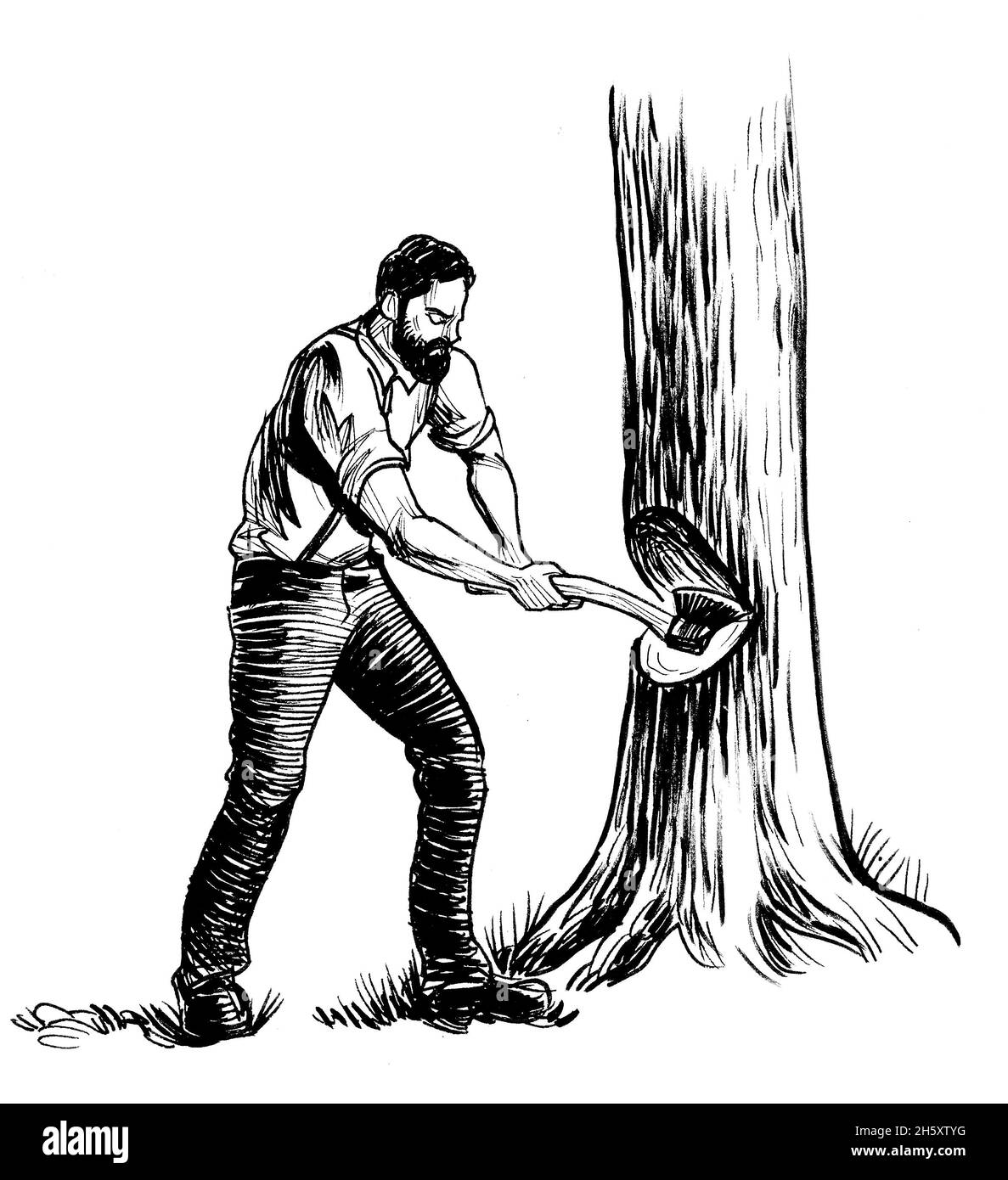 Kanadischer Holzfäller Schnittbaum. Tinte schwarz-weiße Zeichnung Stockfoto