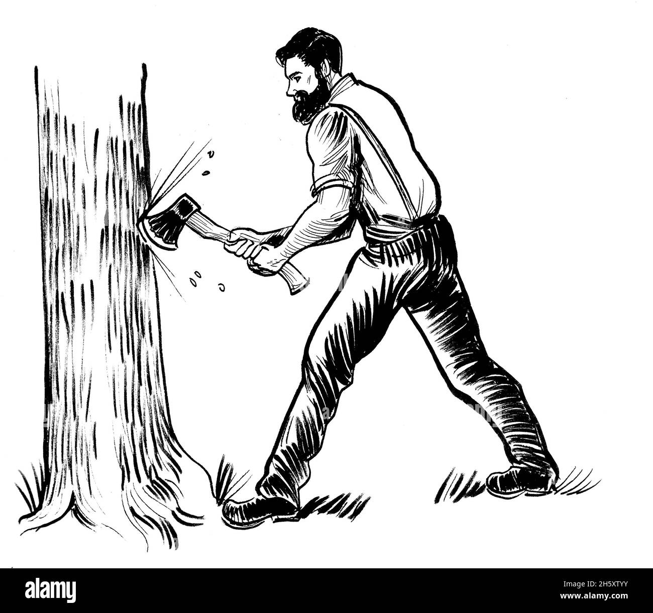 Kanadischer Holzfäller, der Baum mit einer Axt schneidet. Tinte schwarz-weiß Zeichnung Stockfoto