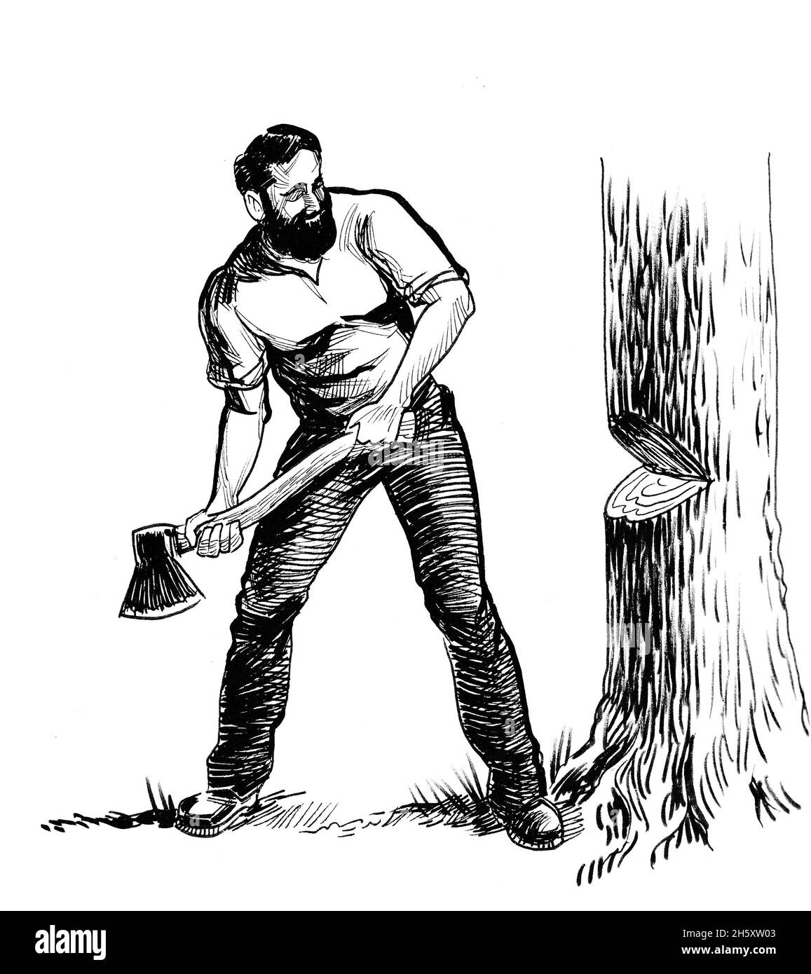 Kanadischer Holzfäller, der Baum mit Axt schneidet. Tinte schwarz-weiße Zeichnung Stockfoto